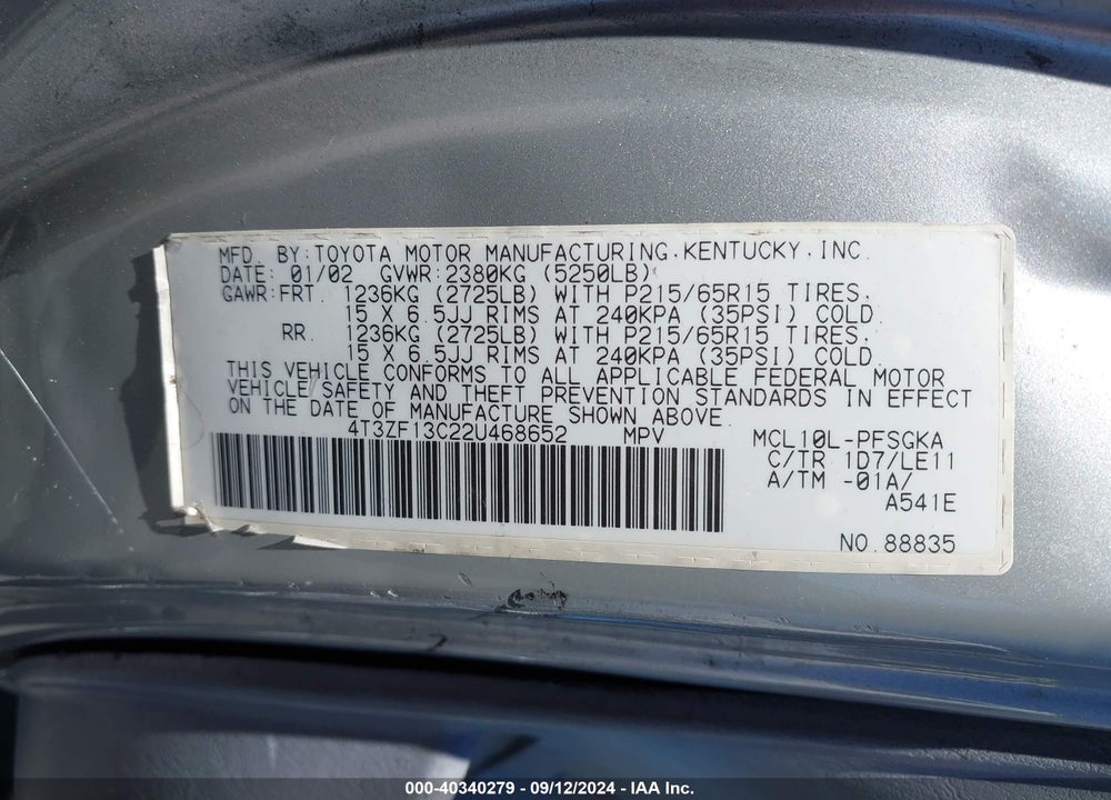 2002 TOYOTA SIENNA XLE VIN: 4T3ZF13C22U468652