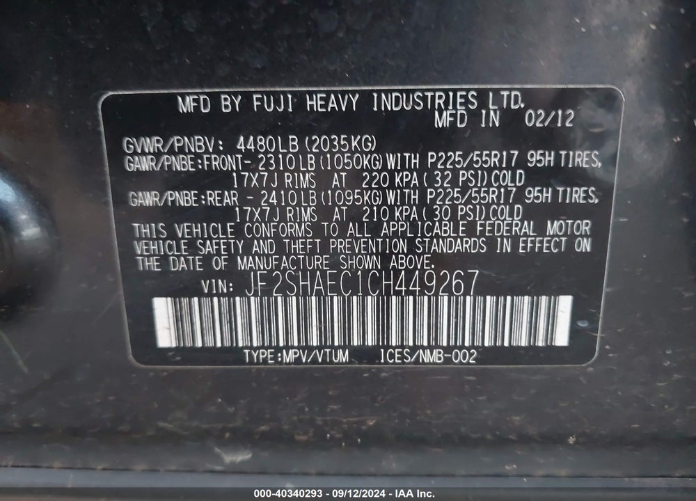 2012 SUBARU FORESTER 2.5X LIMITED VIN: JF2SHAEC1CH449267