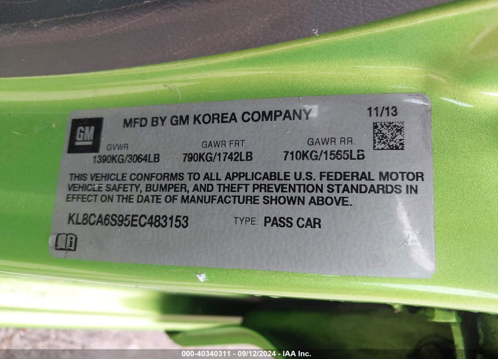 2014 CHEVROLET SPARK LS MANUAL VIN: KL8CA6S95EC483153