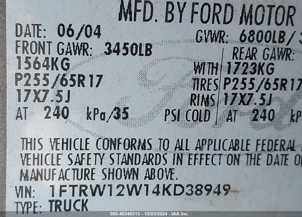 2004 FORD F-150 XLT VIN: 1FTRW12W14KD38949