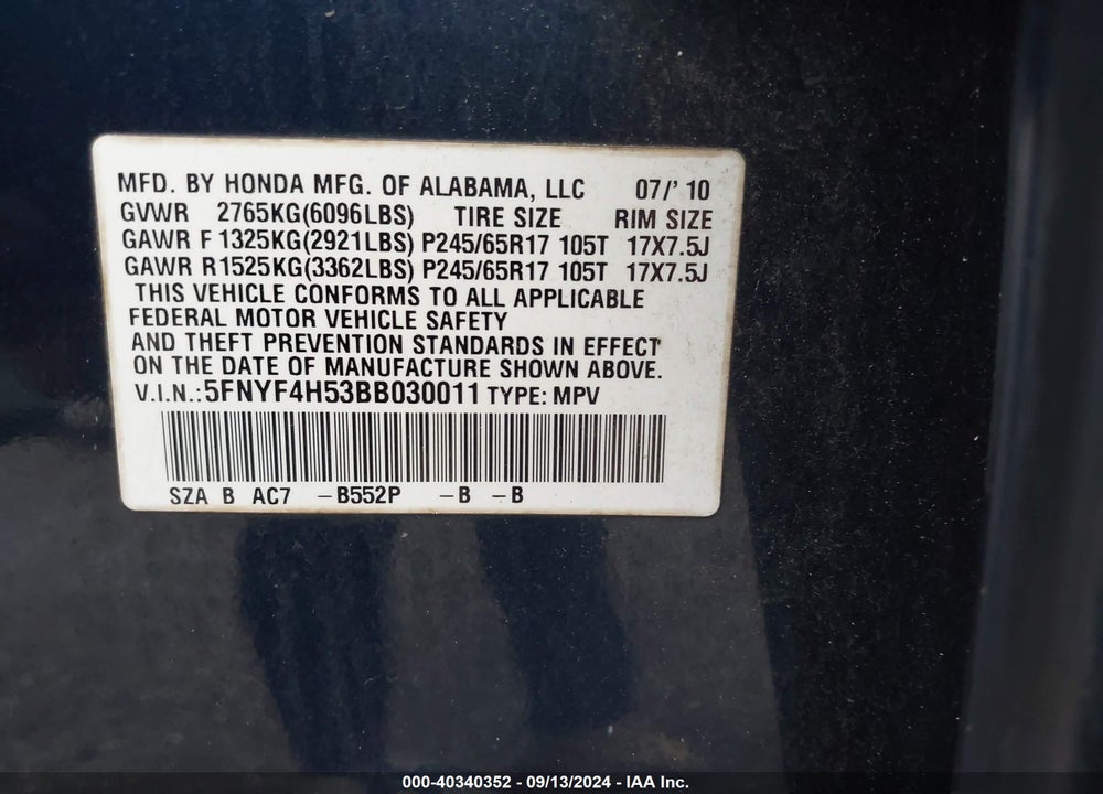2011 HONDA PILOT EX-L VIN: 5FNYF4H53BB030011