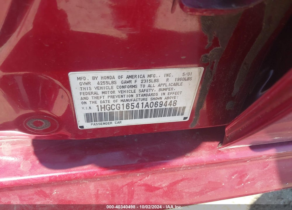 2001 HONDA ACCORD 3.0 EX VIN: 1HGCG16541A069448