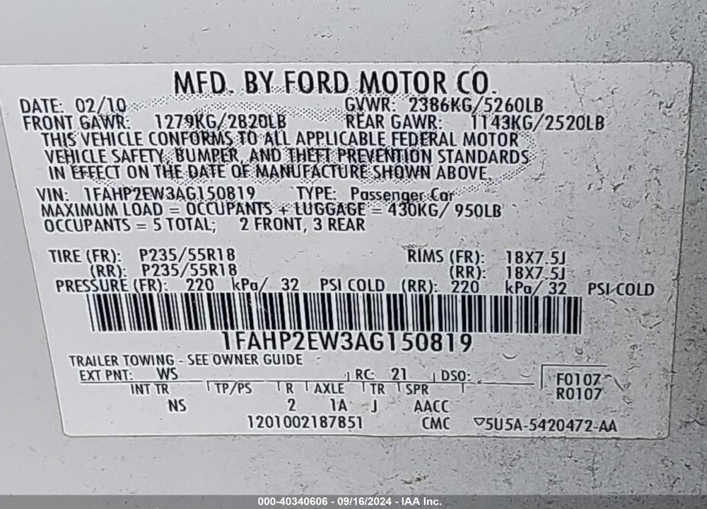 2010 FORD TAURUS SEL VIN: 1FAHP2EW3AG150819