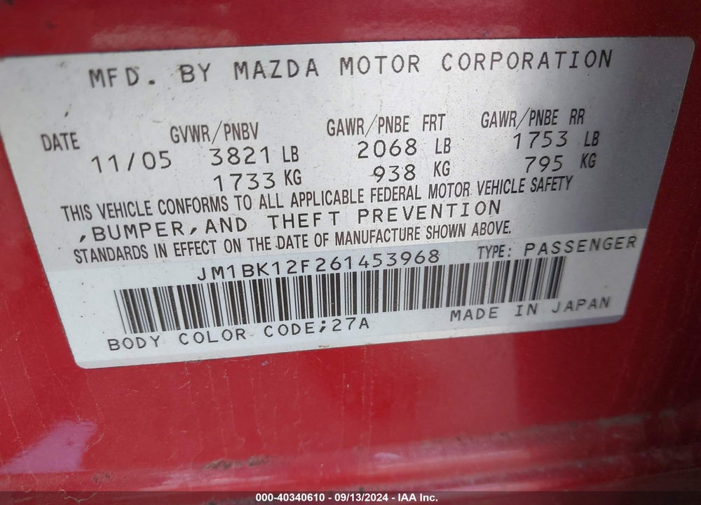 2006 MAZDA 3 I VIN: JM1BK12F261453968