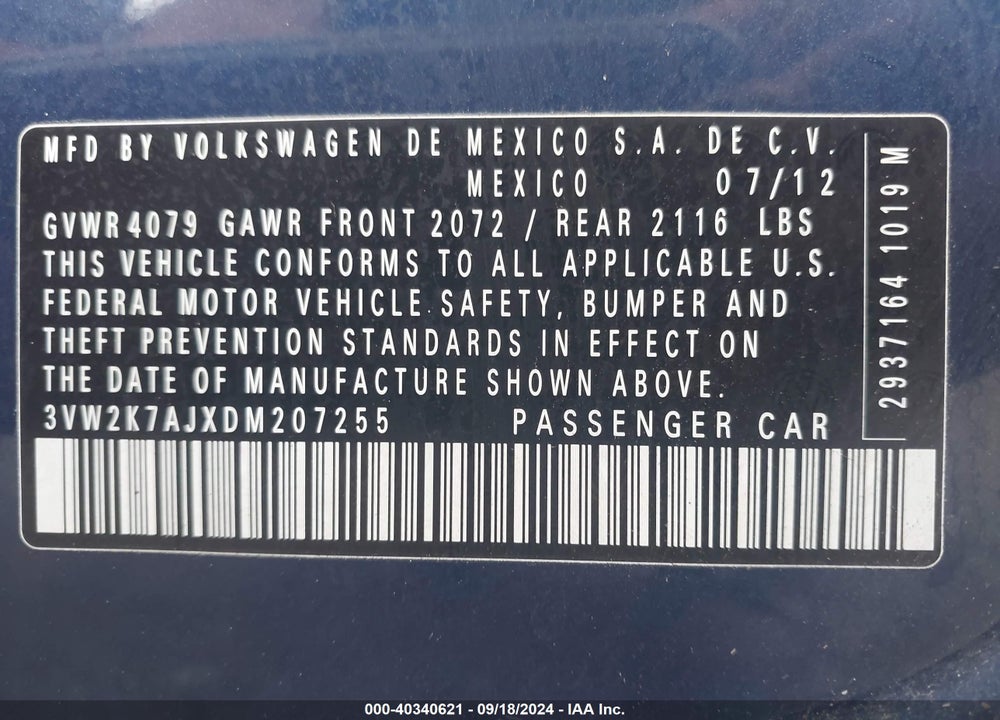 2013 VOLKSWAGEN JETTA 2.0L S VIN: 3VW2K7AJXDM207255