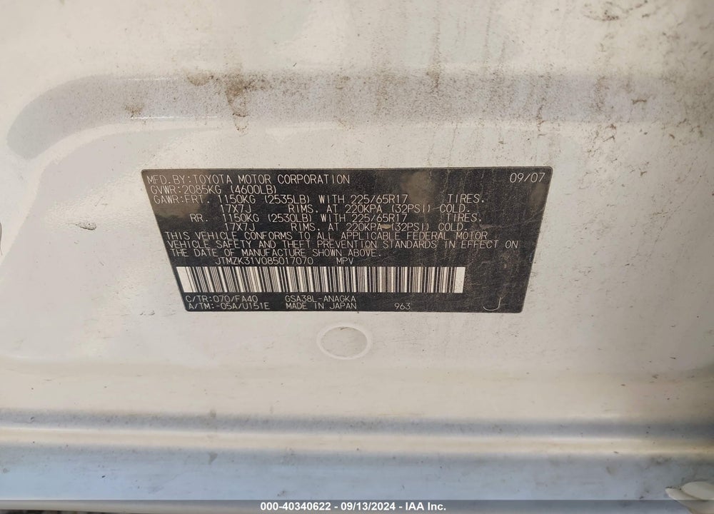 2008 TOYOTA RAV4 LIMITED V6 VIN: JTMZK31V085017070