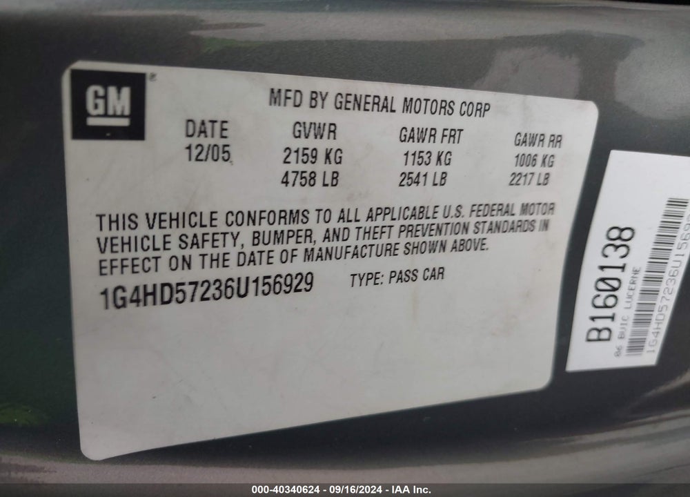 2006 BUICK LUCERNE CXL VIN: 1G4HD57236U156929