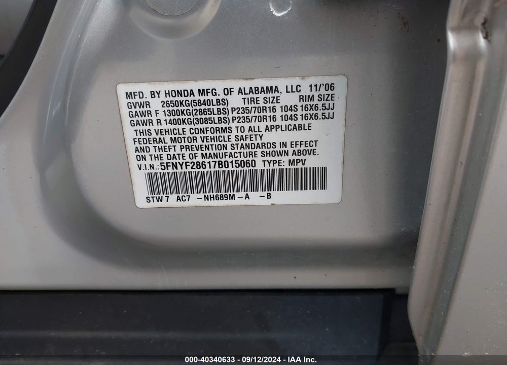 2007 HONDA PILOT EX-L VIN: 5FNYF28617B015060