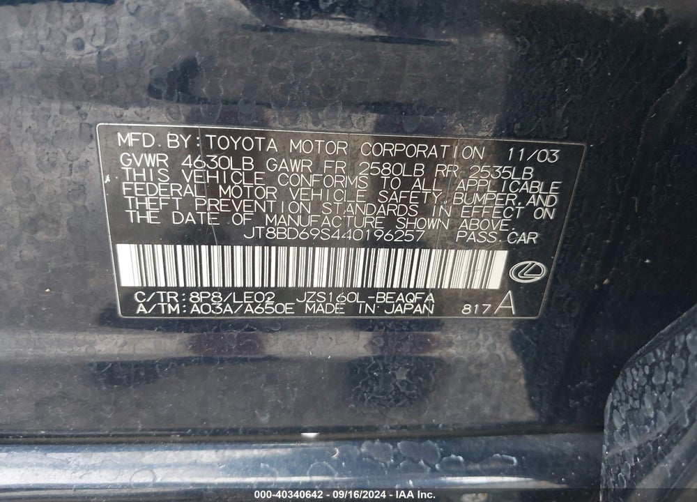 2004 LEXUS GS 300 VIN: JT8BD69S440196257