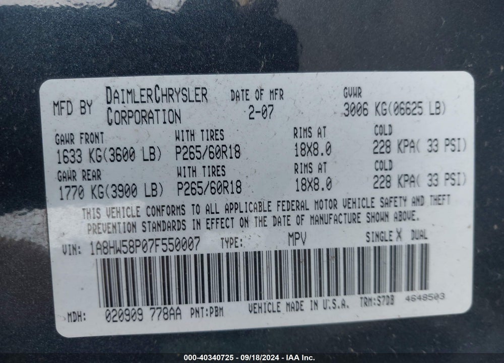 2007 CHRYSLER ASPEN LIMITED VIN: 1A8HW58P07F550007