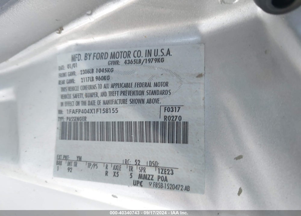 2001 FORD MUSTANG VIN: 1FAFP404X1F158155