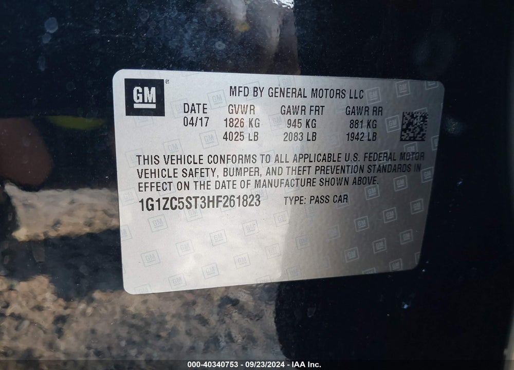 2017 CHEVROLET MALIBU 1FL VIN: 1G1ZC5ST3HF261823