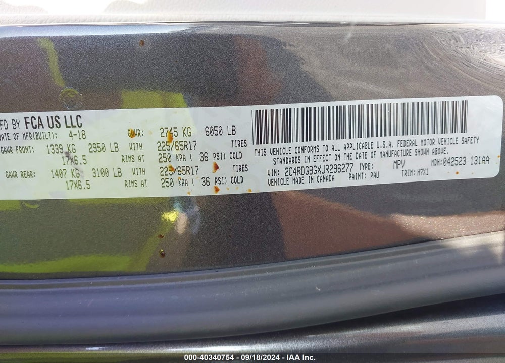 2018 DODGE GRAND CARAVAN SE VIN: 2C4RDGBGXJR296277