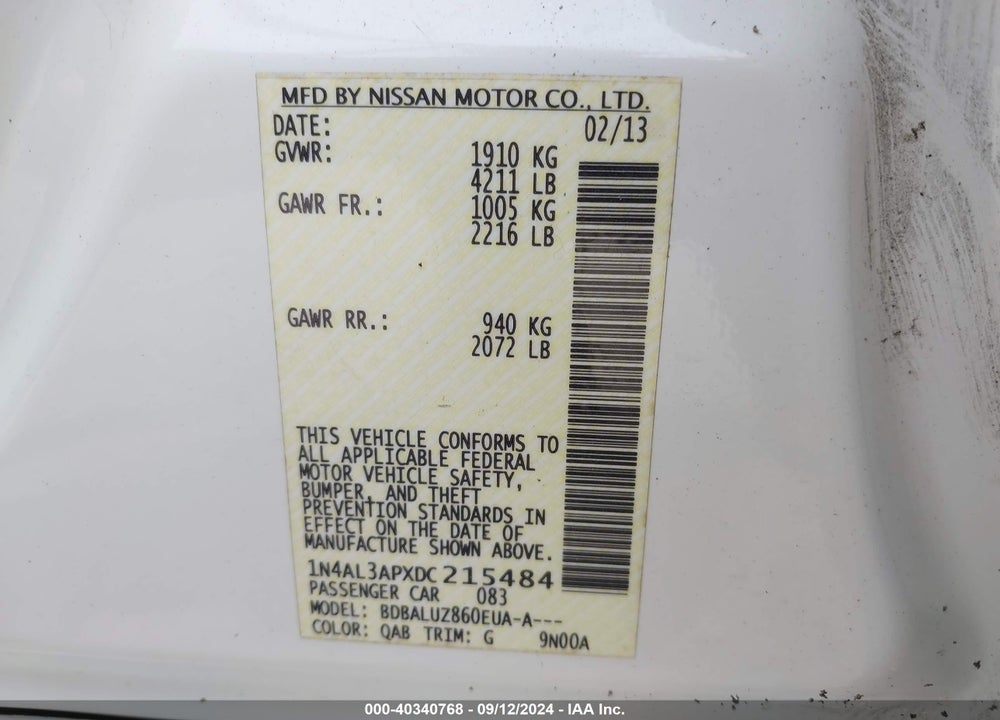 2013 NISSAN ALTIMA 2.5 SV VIN: 1N4AL3APXDC215484
