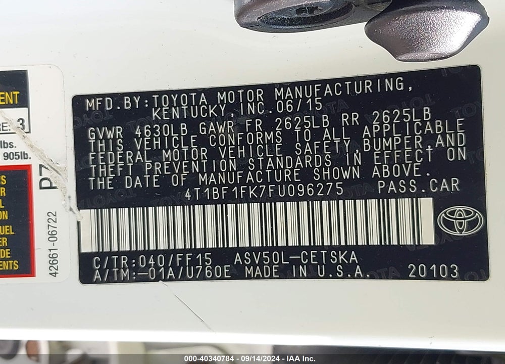 2015 TOYOTA CAMRY SE VIN: 4T1BF1FK7FU096275