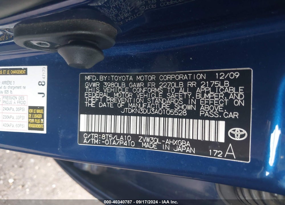 2010 TOYOTA PRIUS IV VIN: JTDKN3DU3A0105528