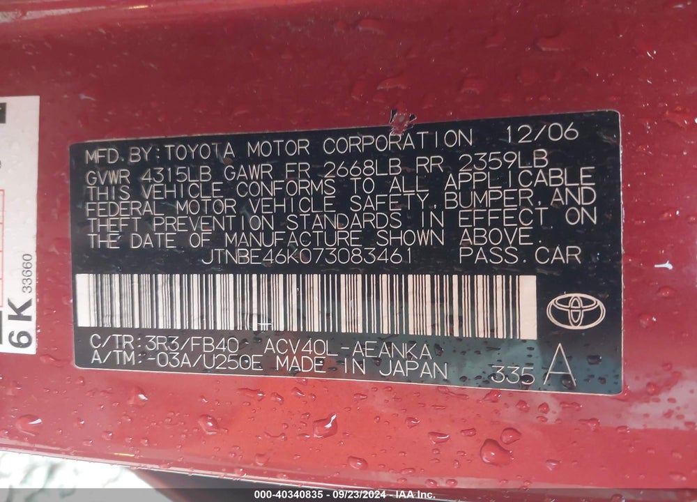 2007 TOYOTA CAMRY LE VIN: JTNBE46K073083461