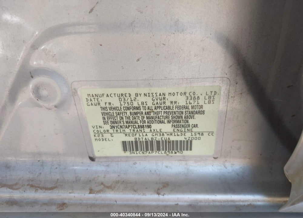 2012 NISSAN VERSA 1.6 SV VIN: 3N1CN7AP7CL898190