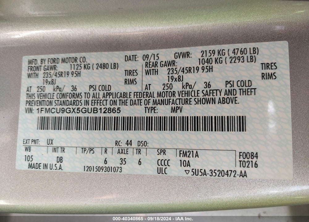 2016 FORD ESCAPE SE VIN: 1FMCU9GX5GUB12865