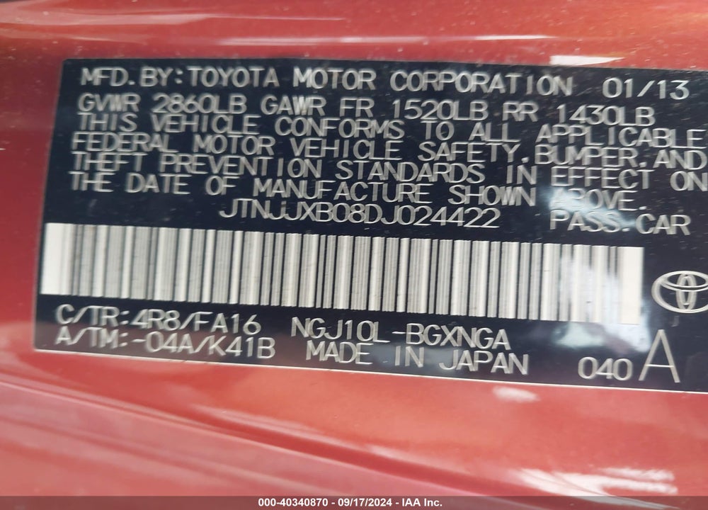 2013 SCION IQ VIN: JTNJJXB08DJ024422