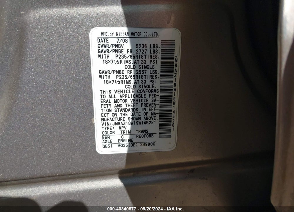 2009 NISSAN MURANO SL VIN: JN8AZ18W19W145281