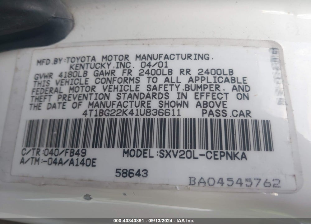 2001 TOYOTA CAMRY LE VIN: 4T1BG22K41U836611