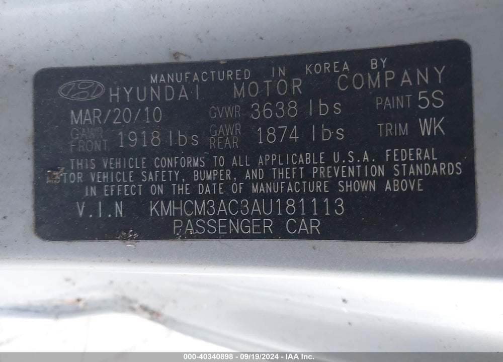 2010 HYUNDAI ACCENT GS VIN: KMHCM3AC3AU181113