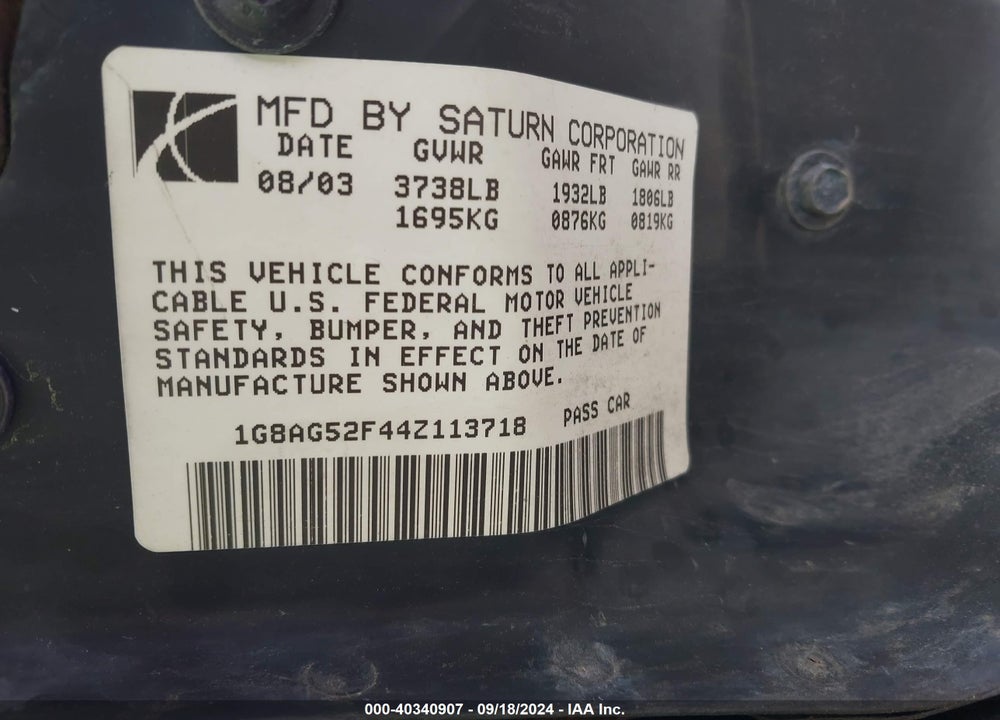 2004 SATURN ION 1 VIN: 1G8AG52F44Z113718