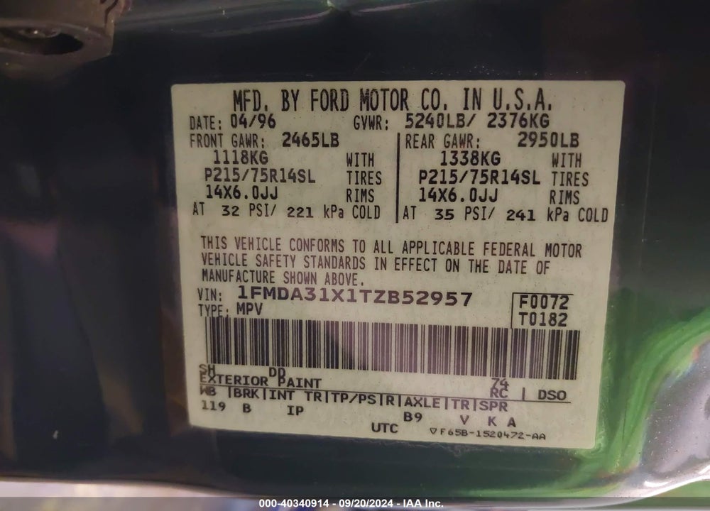 1996 FORD AEROSTAR VIN: 1FMDA31X1TZB52957