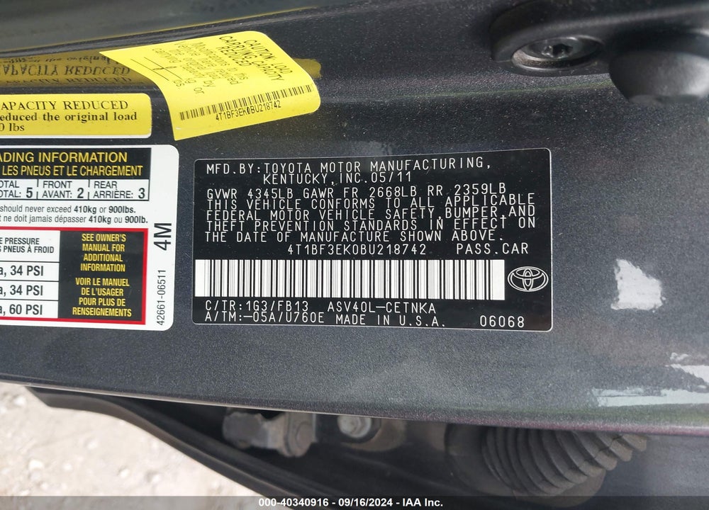 2011 TOYOTA CAMRY LE VIN: 4T1BF3EK0BU218742
