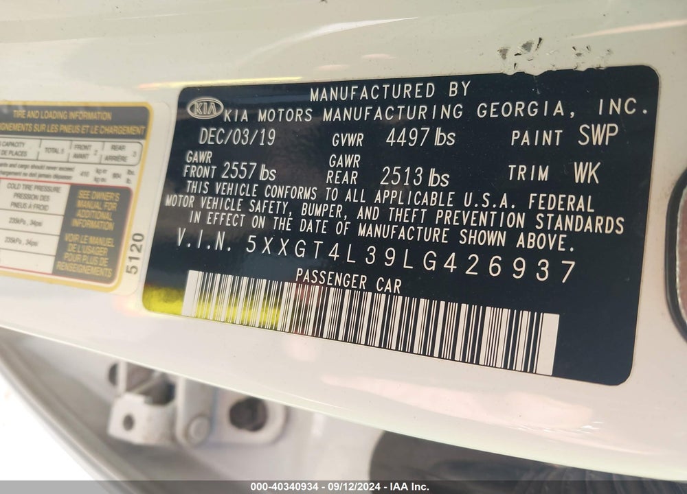 2020 KIA OPTIMA LX VIN: 5XXGT4L39LG426937