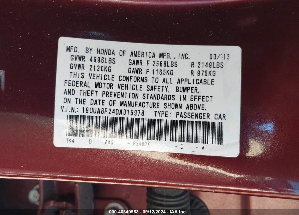 2013 ACURA TL 3.5 VIN: 19UUA8F24DA015978