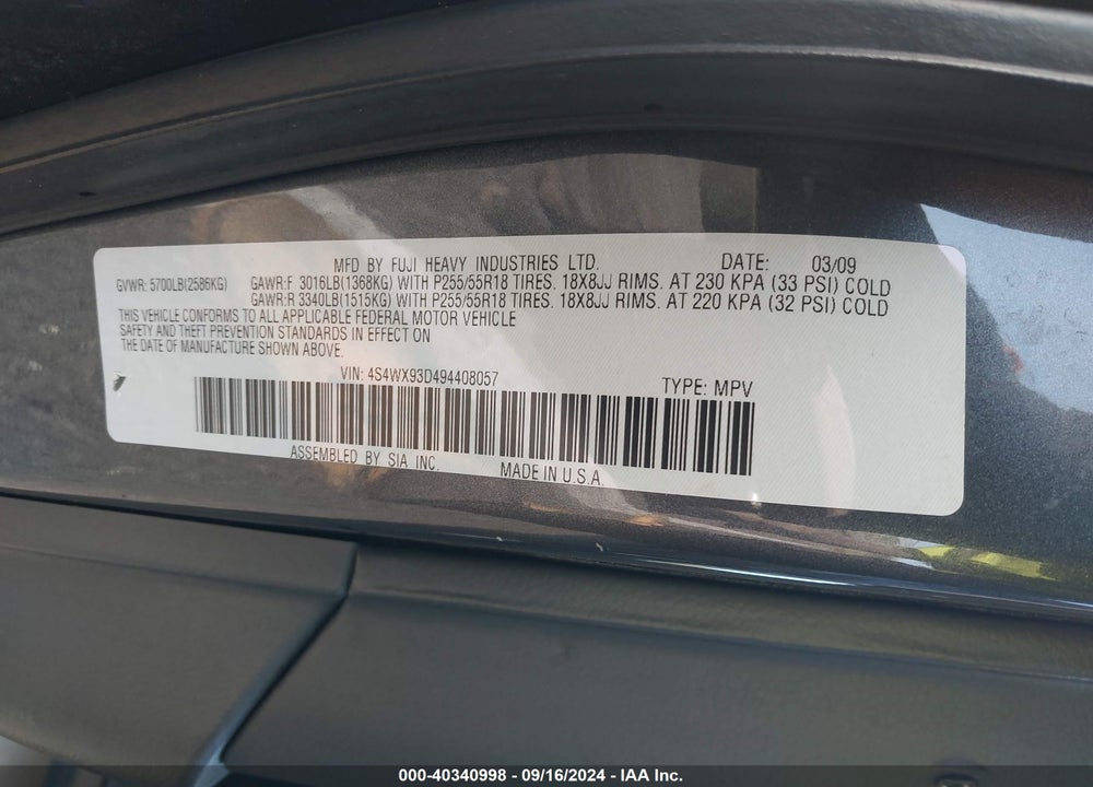 2009 SUBARU TRIBECA LIMITED 5-PASSENGER VIN: 4S4WX93D494408057