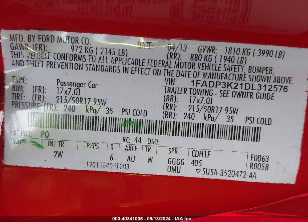 2013 FORD FOCUS SE VIN: 1FADP3K21DL312576