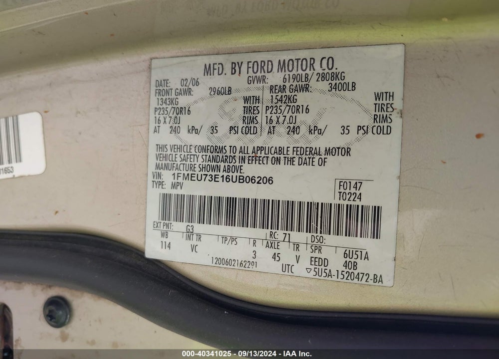 2006 FORD EXPLORER VIN: 1FMEU73E16UB06206