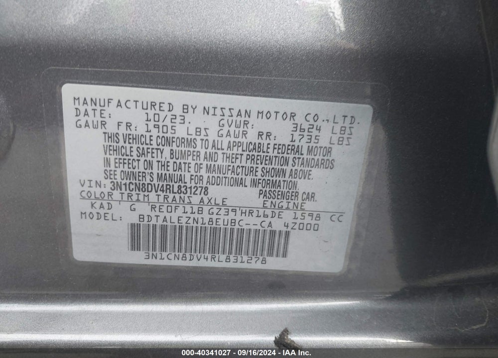 2024 NISSAN VERSA 1.6 S+ VIN: 3N1CN8DV4RL831278