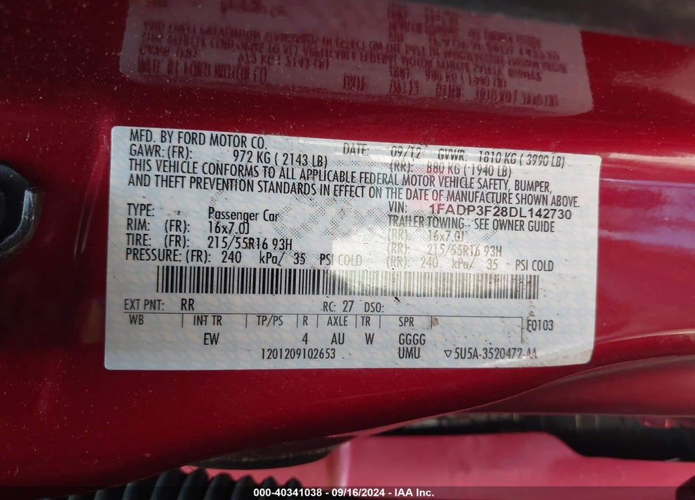 2013 FORD FOCUS VIN: 1FADP3F28DL142730