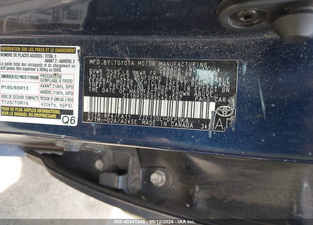 2005 TOYOTA COROLLA CE VIN: 2T1BR32EX5C421567