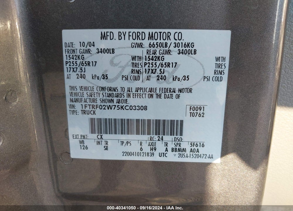 2005 FORD F-150 STX/XLT VIN: 1FTRF02W75KC03308