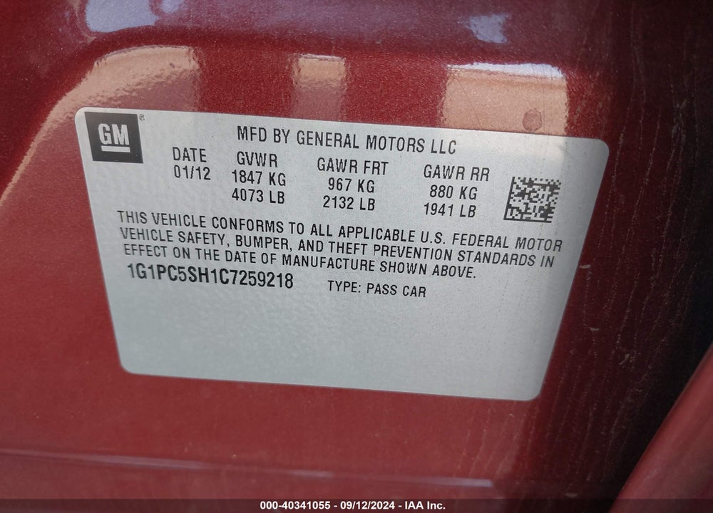 2012 CHEVROLET CRUZE LS VIN: 1G1PC5SH1C7259218