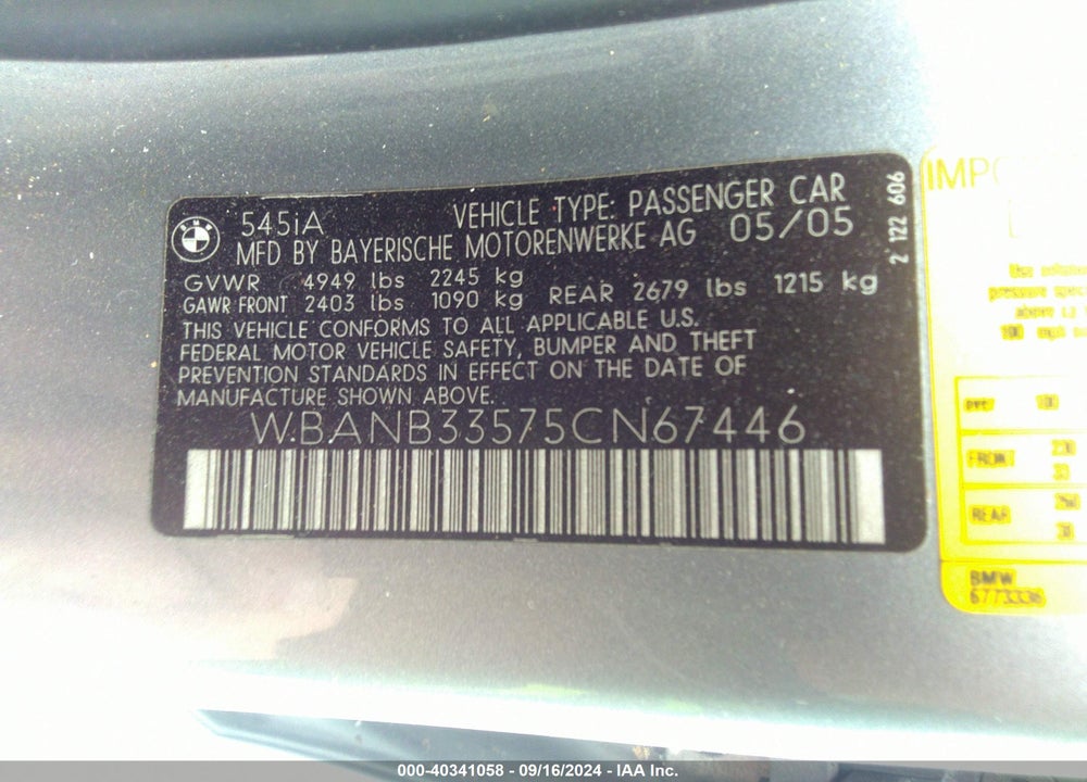 2005 BMW 545I VIN: WBANB33575CN67446
