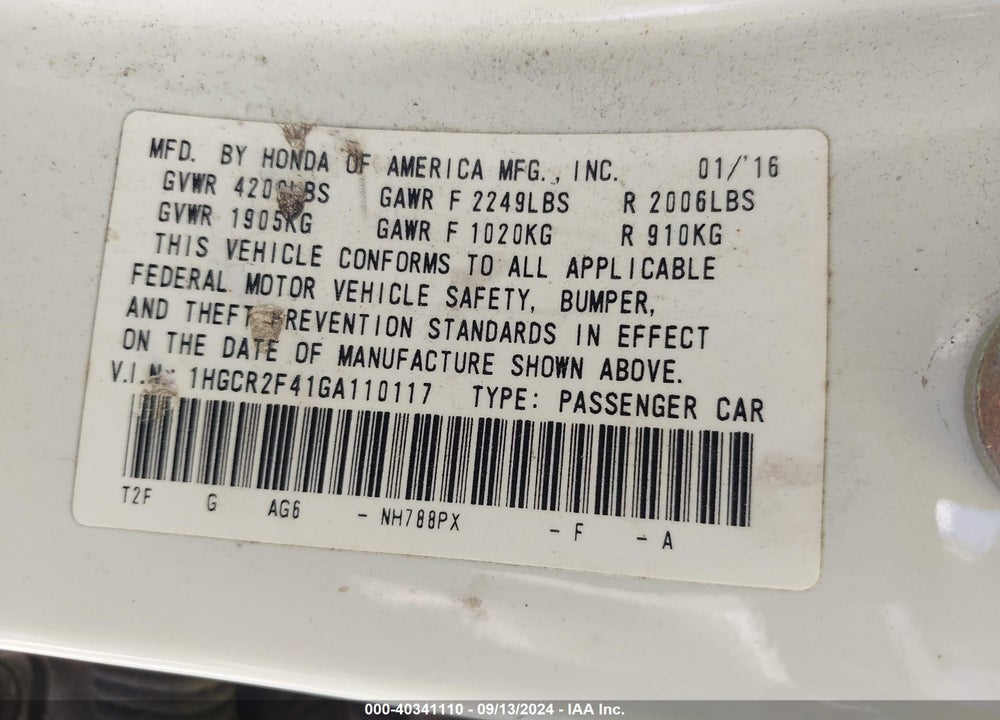 2016 HONDA ACCORD LX VIN: 1HGCR2F41GA110117