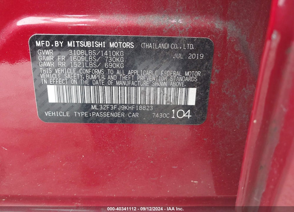 2019 MITSUBISHI MIRAGE G4 ES VIN: ML32F3FJ9KHF18823