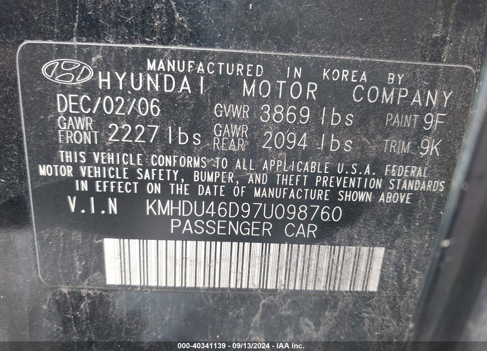 2007 HYUNDAI ELANTRA GLS/LIMITED/SE VIN: KMHDU46D97U098760