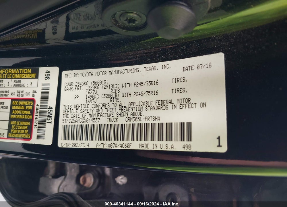 2016 TOYOTA TACOMA SR5 V6 VIN: 5TFCZ5AN3GX044537