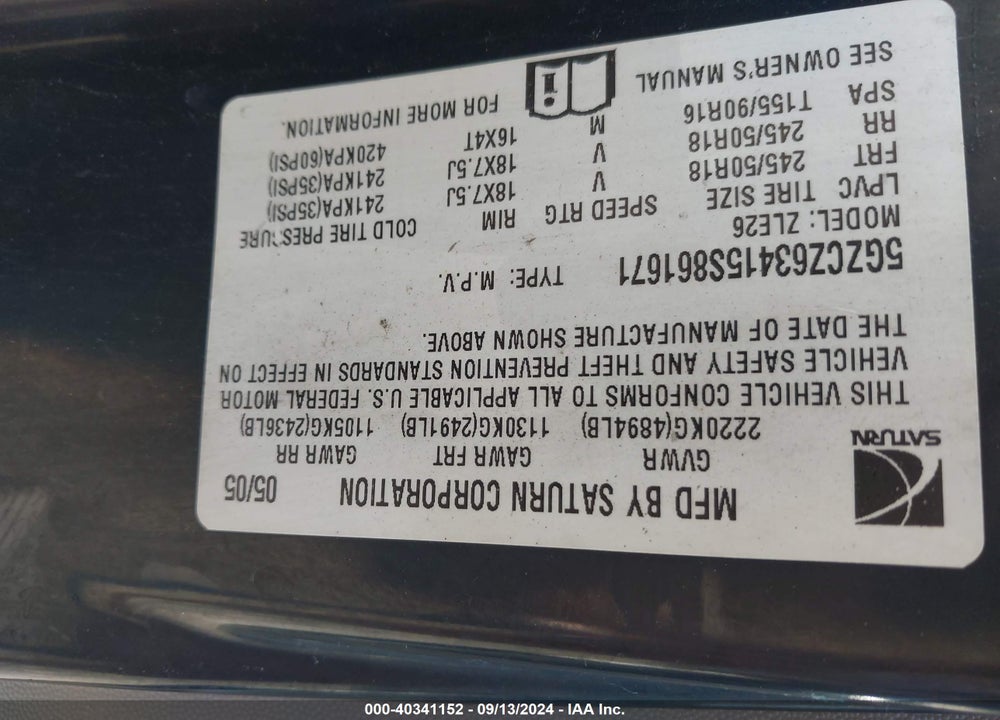 2005 SATURN VUE V6 VIN: 5GZCZ63415S861671