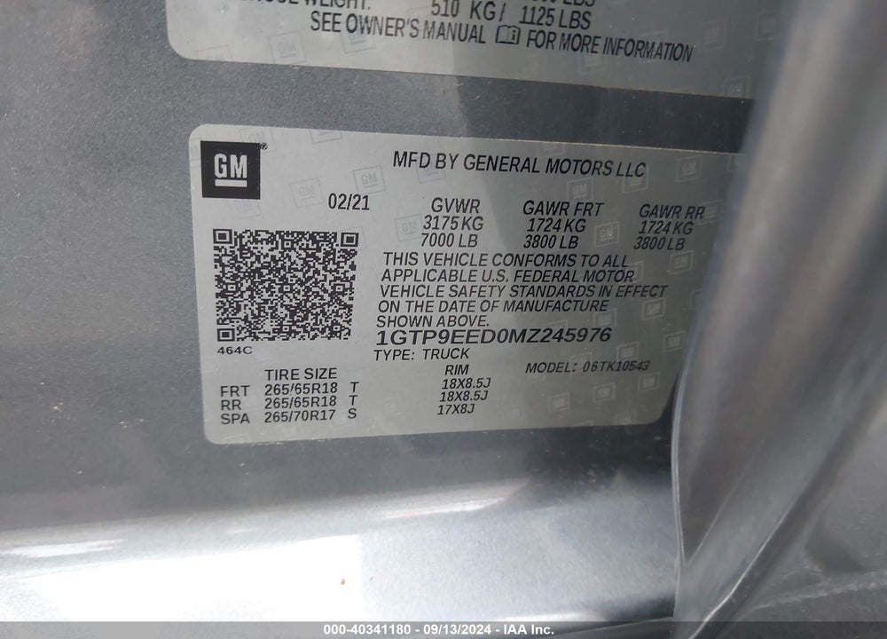 2021 GMC SIERRA 1500 4WD SHORT BOX AT4 VIN: 1GTP9EED0MZ245976