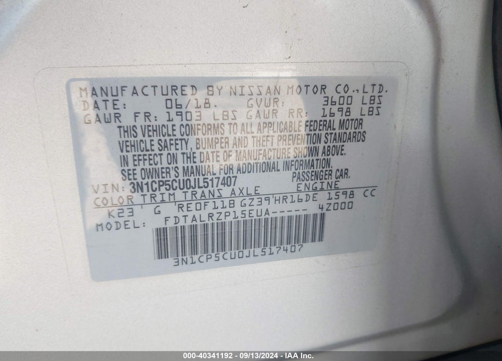 2018 NISSAN KICKS S VIN: 3N1CP5CU0JL517407
