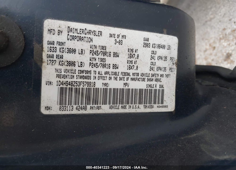 2003 DODGE DURANGO SLT VIN: 1D4HS48Z53F579918