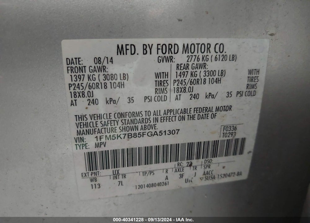 2015 FORD EXPLORER VIN: 1FM5K7B85FGA51307